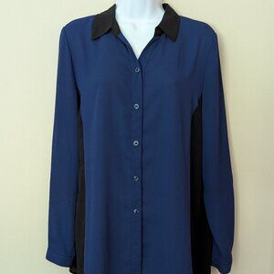 Susan Graver Deep Blue Button Down Blouse With Black Contrast Trim. Size 10.